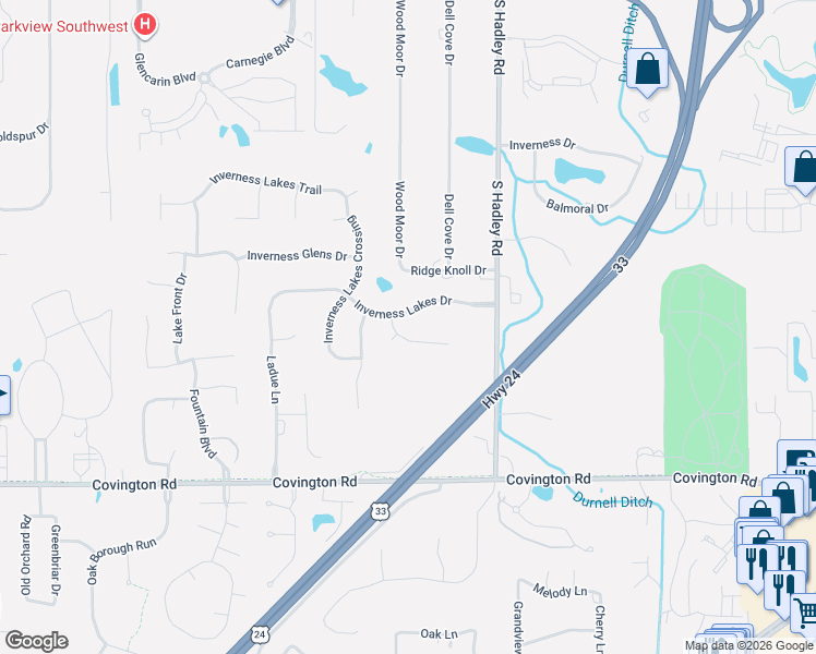 map of restaurants, bars, coffee shops, grocery stores, and more near Inverness Cmns Access in Fort Wayne