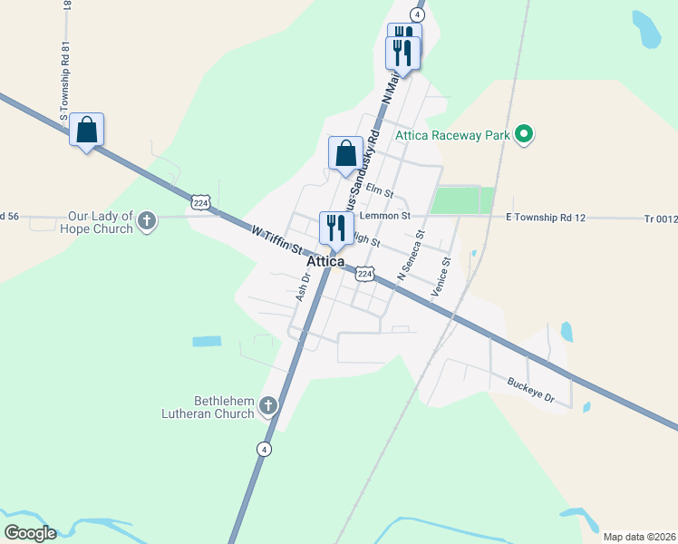 map of restaurants, bars, coffee shops, grocery stores, and more near 1 South Main Street in Attica