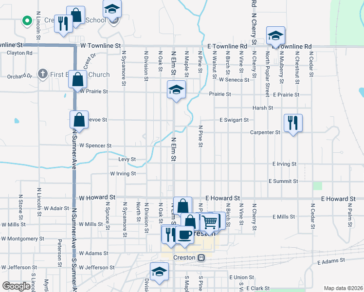 map of restaurants, bars, coffee shops, grocery stores, and more near 601-699 North Elm Street in Creston
