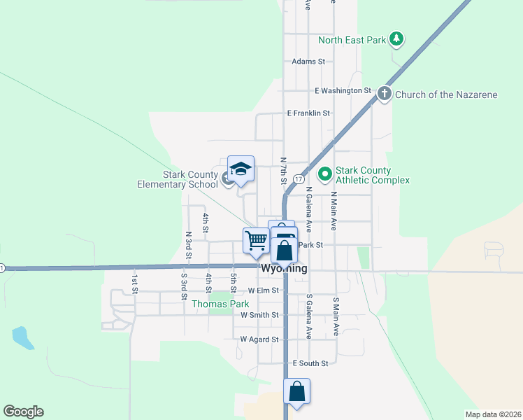 map of restaurants, bars, coffee shops, grocery stores, and more near 224-308 North 6th Street in Wyoming