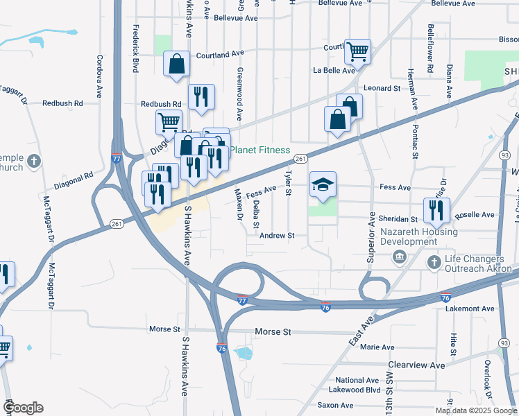 map of restaurants, bars, coffee shops, grocery stores, and more near 1599 Delba Street in Akron