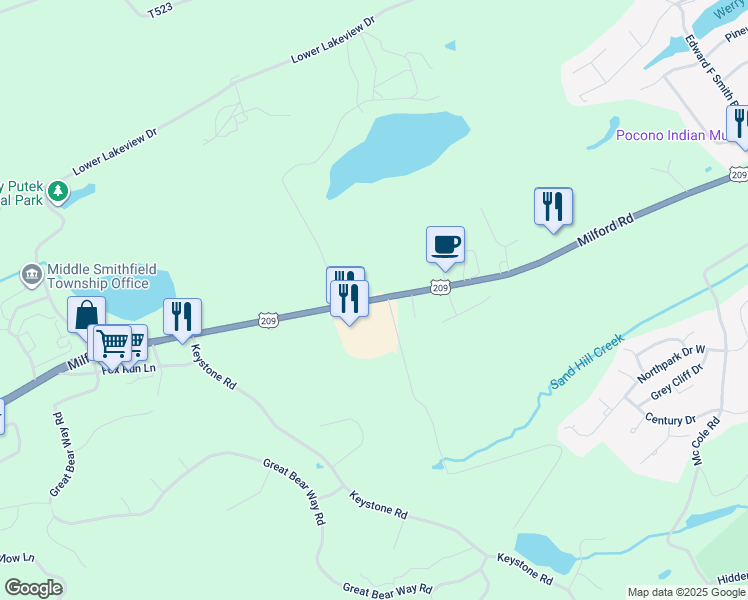 map of restaurants, bars, coffee shops, grocery stores, and more near 5226 Milford Road in East Stroudsburg