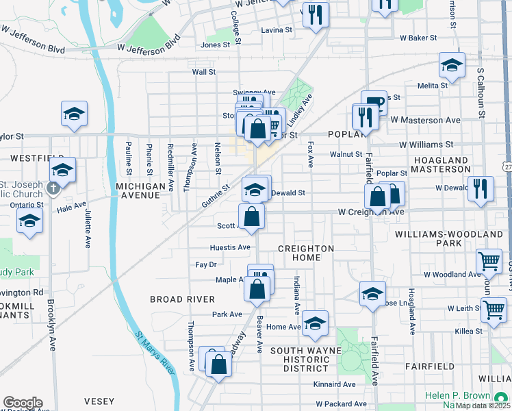 map of restaurants, bars, coffee shops, grocery stores, and more near Broadway in Fort Wayne