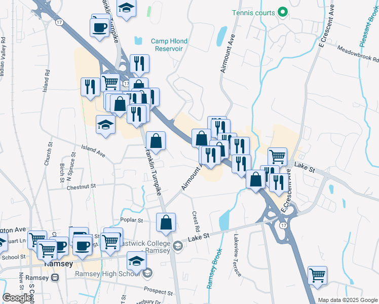 map of restaurants, bars, coffee shops, grocery stores, and more near 925 Highway 17 in Ramsey