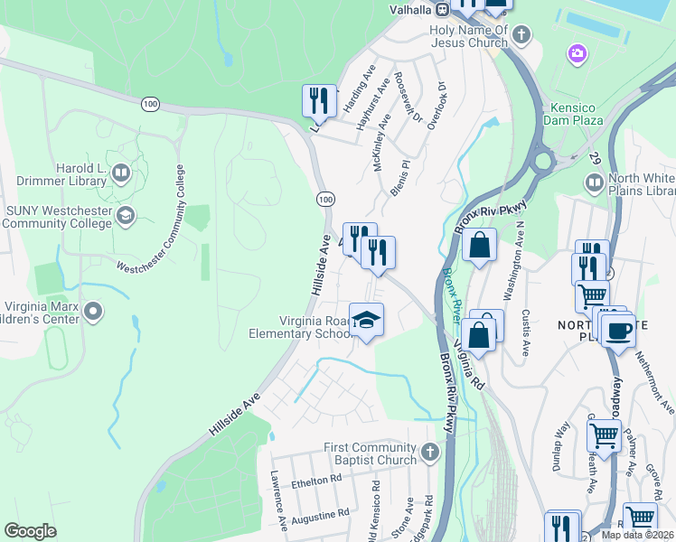 map of restaurants, bars, coffee shops, grocery stores, and more near 15 Lawrence Avenue in Elmsford