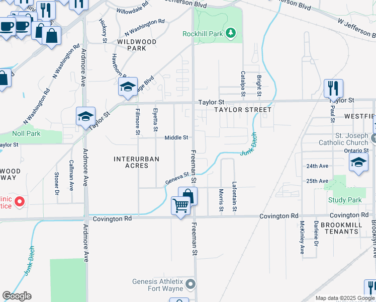 map of restaurants, bars, coffee shops, grocery stores, and more near 2230 Freeman Street in Fort Wayne