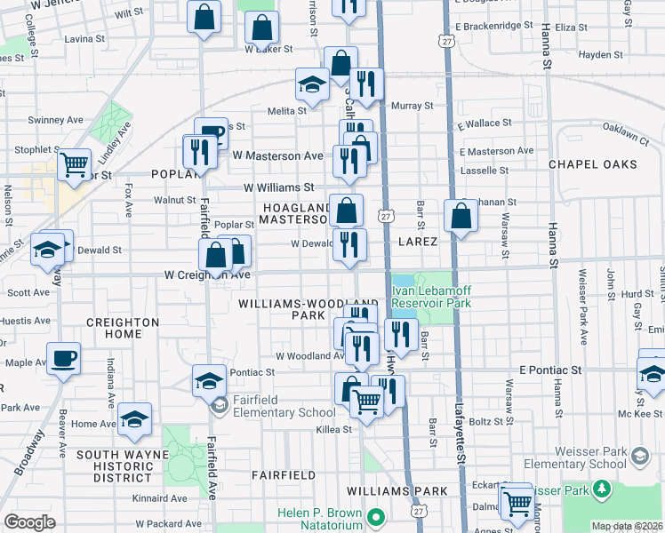 map of restaurants, bars, coffee shops, grocery stores, and more near 130 West Creighton Avenue in Fort Wayne