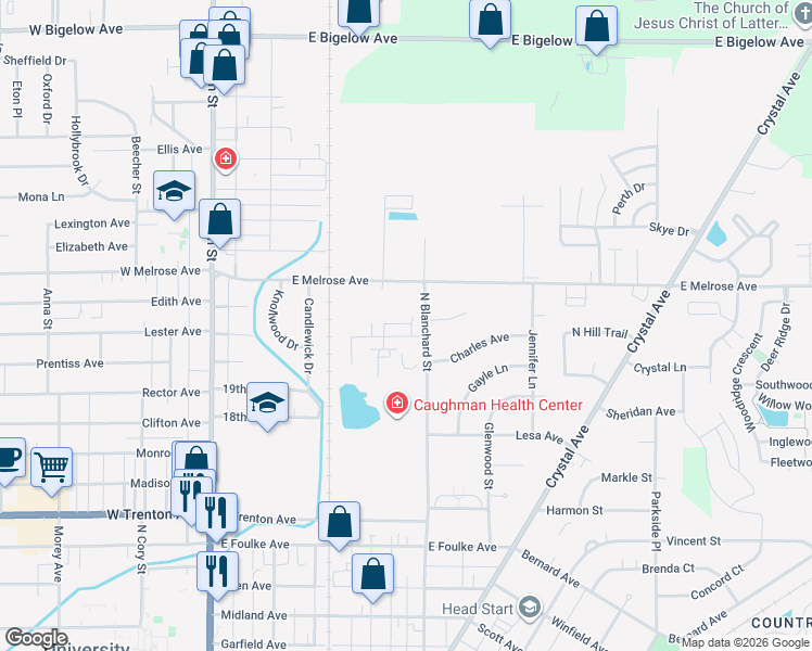 map of restaurants, bars, coffee shops, grocery stores, and more near 450 Sterling Hill Drive in Findlay