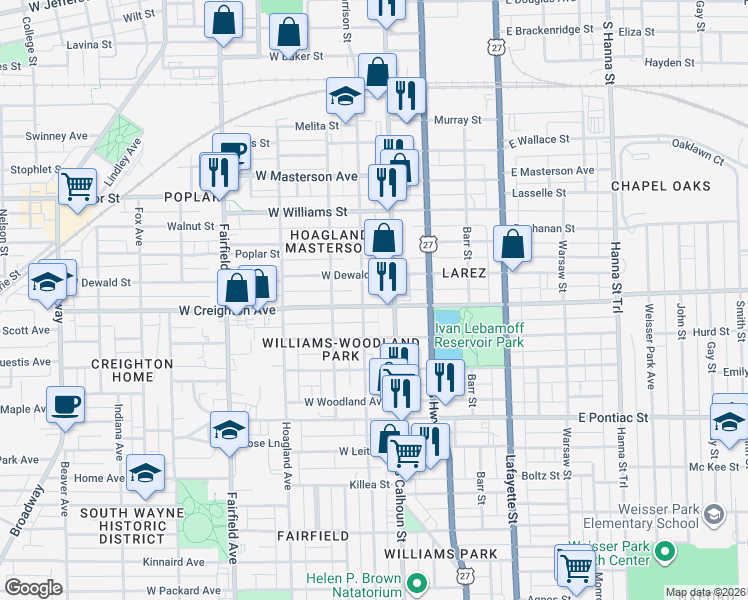 map of restaurants, bars, coffee shops, grocery stores, and more near 122 West Creighton Avenue in Fort Wayne