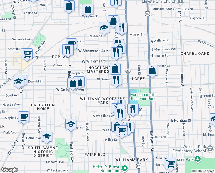 map of restaurants, bars, coffee shops, grocery stores, and more near 206 West Creighton Avenue in Fort Wayne