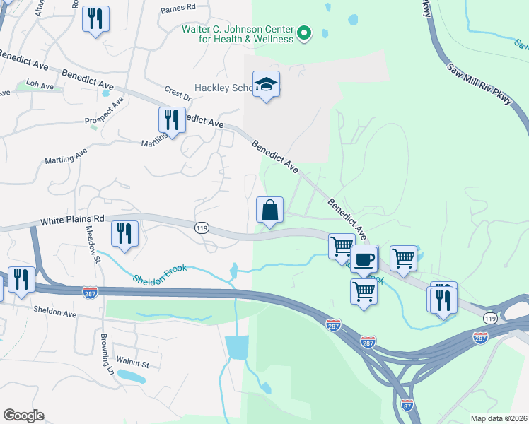 map of restaurants, bars, coffee shops, grocery stores, and more near 416 Benedict Avenue in Tarrytown