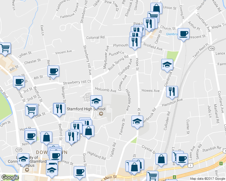 map of restaurants, bars, coffee shops, grocery stores, and more near 59 Holcomb Avenue in Stamford