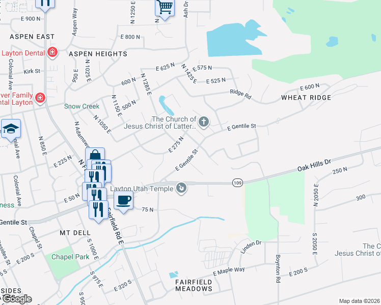 map of restaurants, bars, coffee shops, grocery stores, and more near 1540 East Gentile Street in Layton