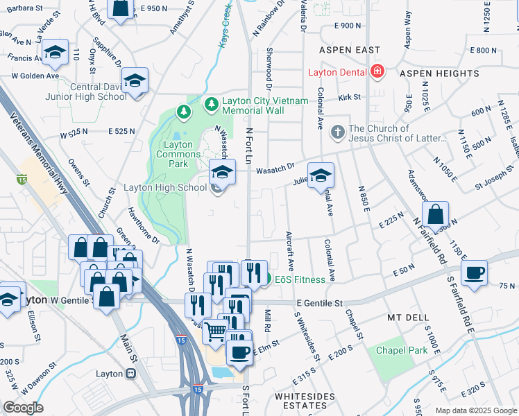 map of restaurants, bars, coffee shops, grocery stores, and more near 300 North Fort Lane in Layton