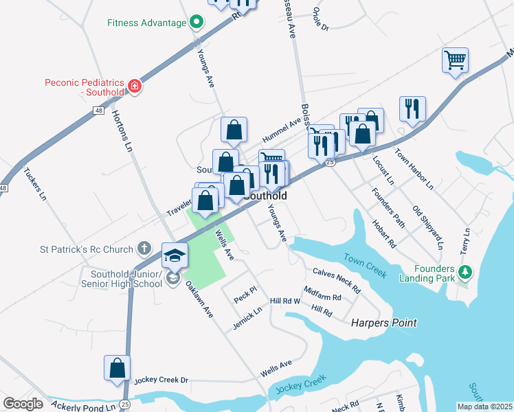 map of restaurants, bars, coffee shops, grocery stores, and more near 170 Mechanic Street in Southold