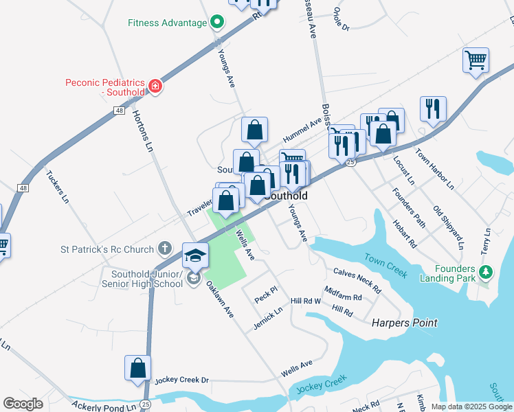 map of restaurants, bars, coffee shops, grocery stores, and more near 170 Mechanic Street in Southold