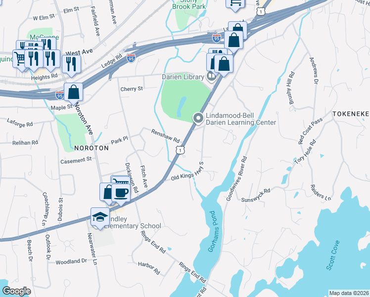 map of restaurants, bars, coffee shops, grocery stores, and more near 9 Clubhouse Circle in Darien