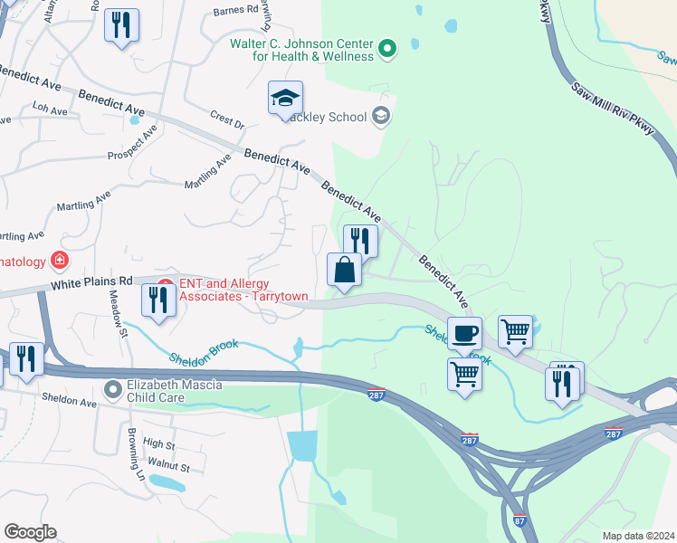 map of restaurants, bars, coffee shops, grocery stores, and more near 416 Benedict Avenue in Tarrytown