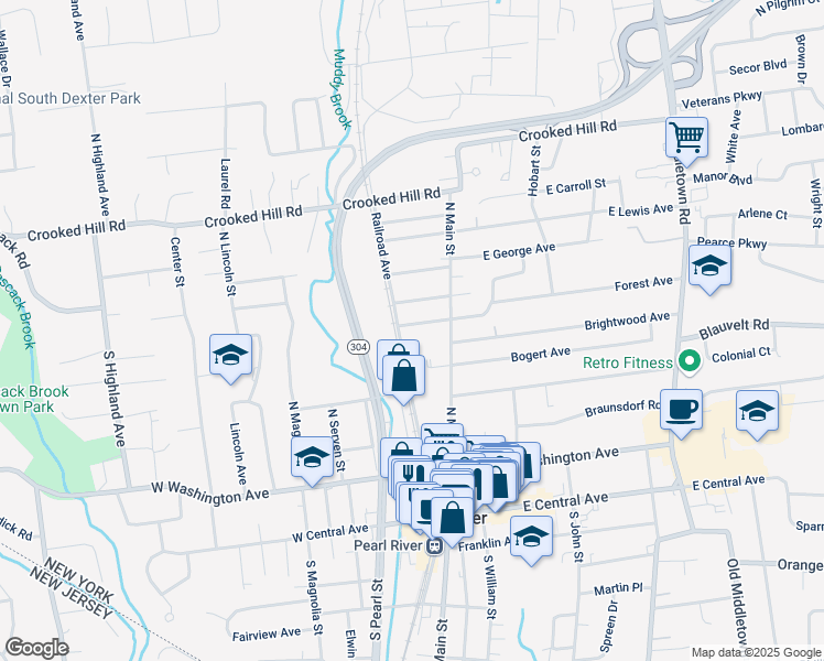 map of restaurants, bars, coffee shops, grocery stores, and more near 150 Railroad Avenue in Pearl River