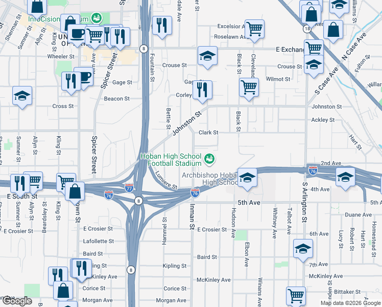map of restaurants, bars, coffee shops, grocery stores, and more near 511 Gridley Avenue in Akron