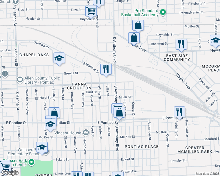 map of restaurants, bars, coffee shops, grocery stores, and more near 2336 South Anthony Boulevard in Fort Wayne