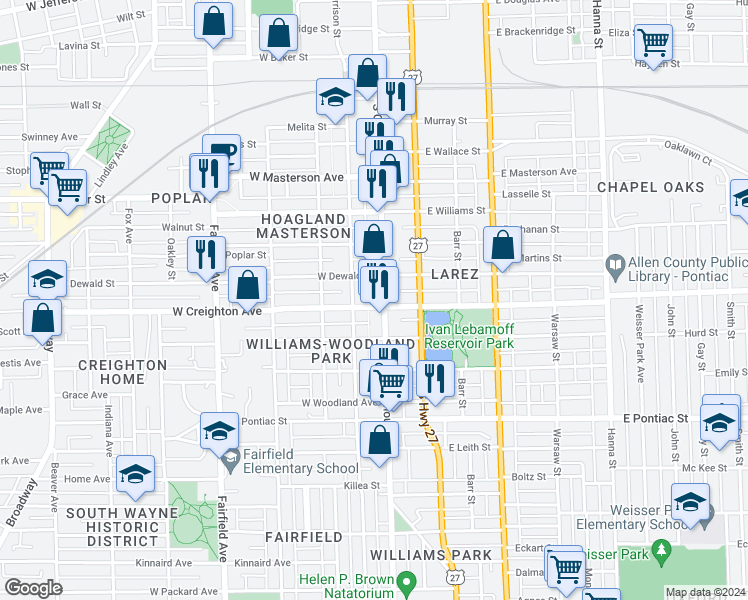 map of restaurants, bars, coffee shops, grocery stores, and more near 115 West Creighton Avenue in Fort Wayne