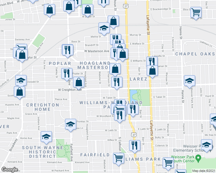 map of restaurants, bars, coffee shops, grocery stores, and more near 215 West Creighton Avenue in Fort Wayne