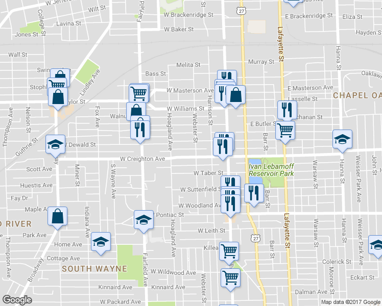 map of restaurants, bars, coffee shops, grocery stores, and more near 315 West Creighton Avenue in Fort Wayne