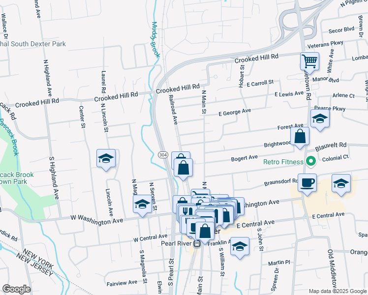 map of restaurants, bars, coffee shops, grocery stores, and more near 40 Moore Avenue in Pearl River