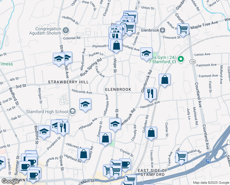 map of restaurants, bars, coffee shops, grocery stores, and more near 100 Hope Street in Stamford