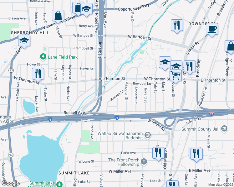 map of restaurants, bars, coffee shops, grocery stores, and more near 818 Kenyon Street in Akron