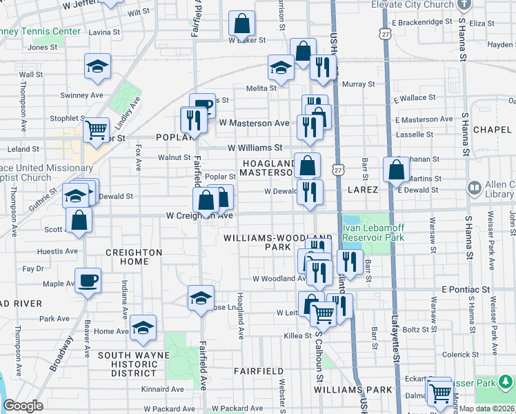 map of restaurants, bars, coffee shops, grocery stores, and more near 315 West Creighton Avenue in Fort Wayne