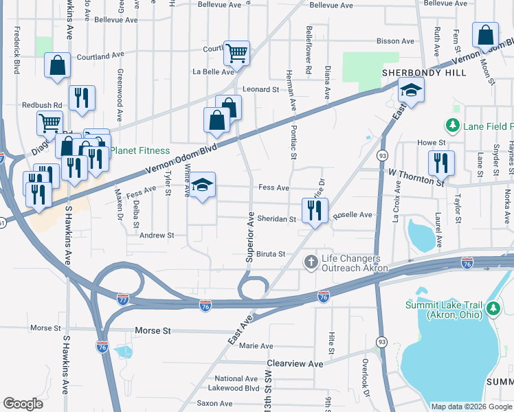 map of restaurants, bars, coffee shops, grocery stores, and more near 884 Longview Avenue in Akron