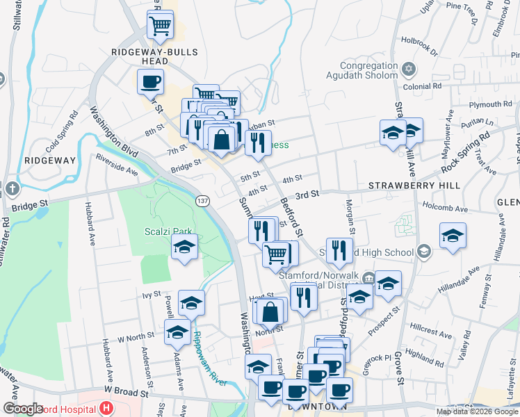 map of restaurants, bars, coffee shops, grocery stores, and more near 20 2nd Street in Stamford