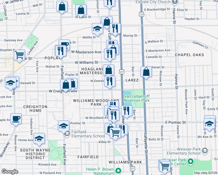 map of restaurants, bars, coffee shops, grocery stores, and more near 2224 South Calhoun Street in Fort Wayne