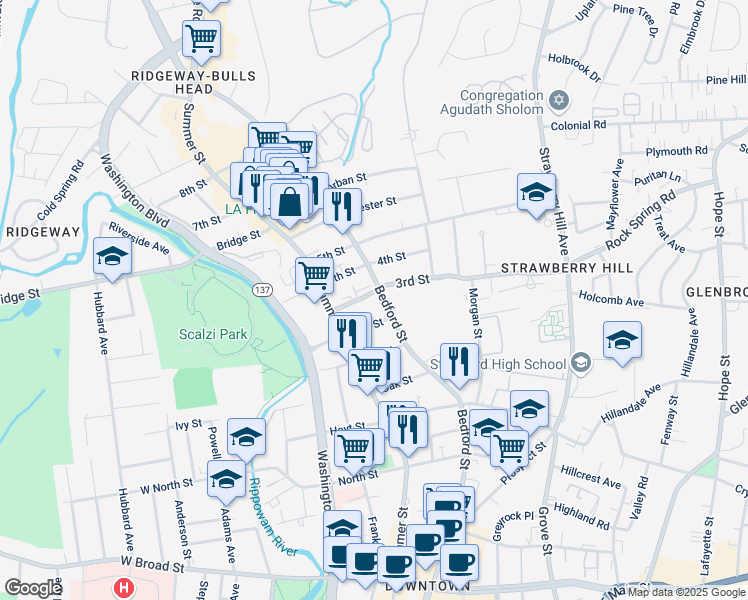 map of restaurants, bars, coffee shops, grocery stores, and more near 1544 Bedford Street in Stamford