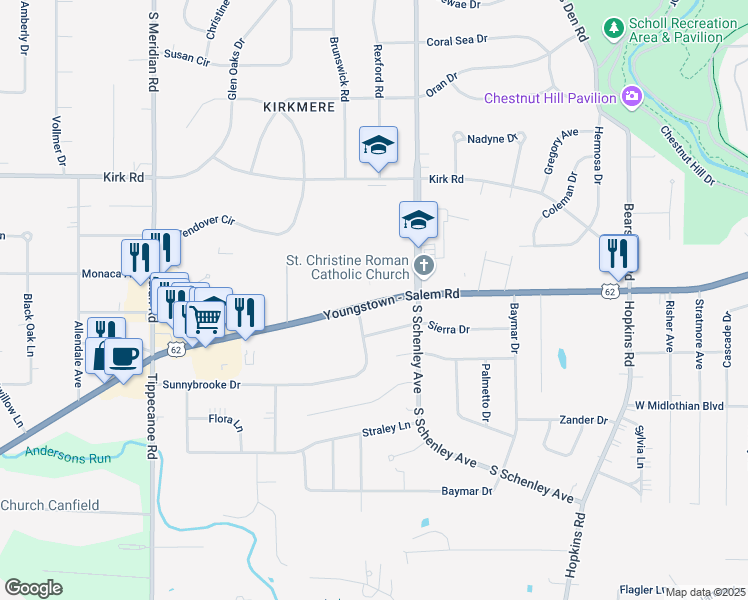 map of restaurants, bars, coffee shops, grocery stores, and more near 2860 Canfield Rd in Youngstown