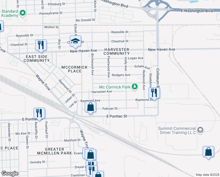 map of restaurants, bars, coffee shops, grocery stores, and more near 3314 Harvester Street in Fort Wayne