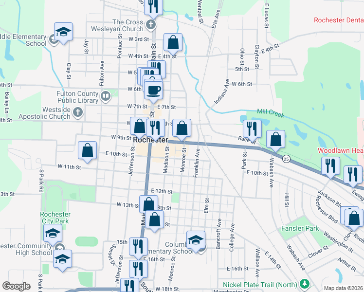 map of restaurants, bars, coffee shops, grocery stores, and more near 352 East 10th Street in Rochester