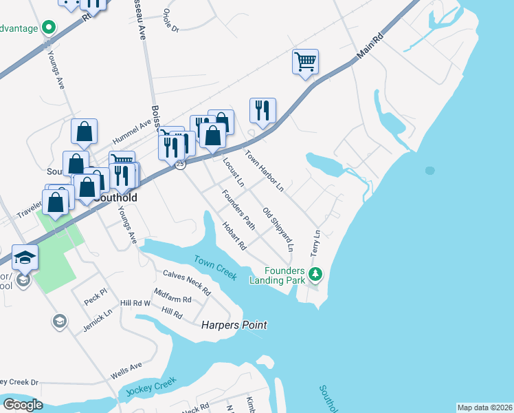 map of restaurants, bars, coffee shops, grocery stores, and more near 500 Old Shipyard Lane in Southold