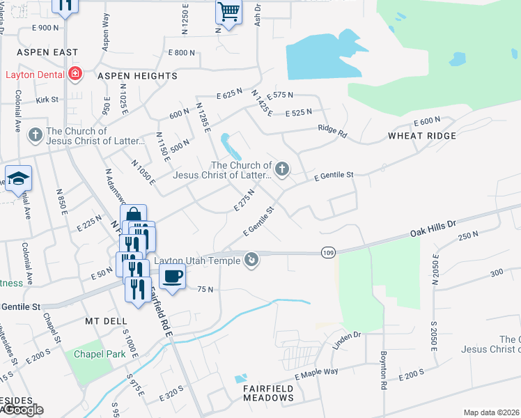 map of restaurants, bars, coffee shops, grocery stores, and more near 1540 East Gentile Street in Layton