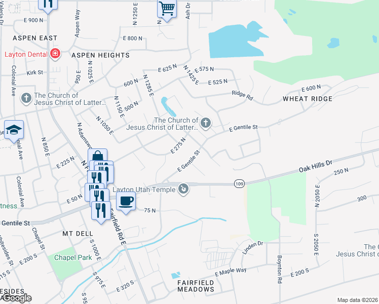 map of restaurants, bars, coffee shops, grocery stores, and more near 1540 East Gentile Street in Layton