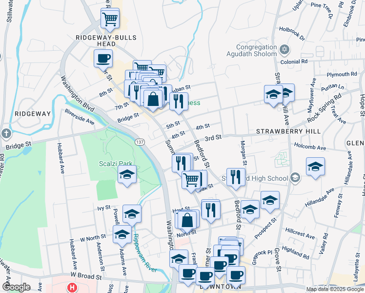 map of restaurants, bars, coffee shops, grocery stores, and more near 20 2nd Street in Stamford