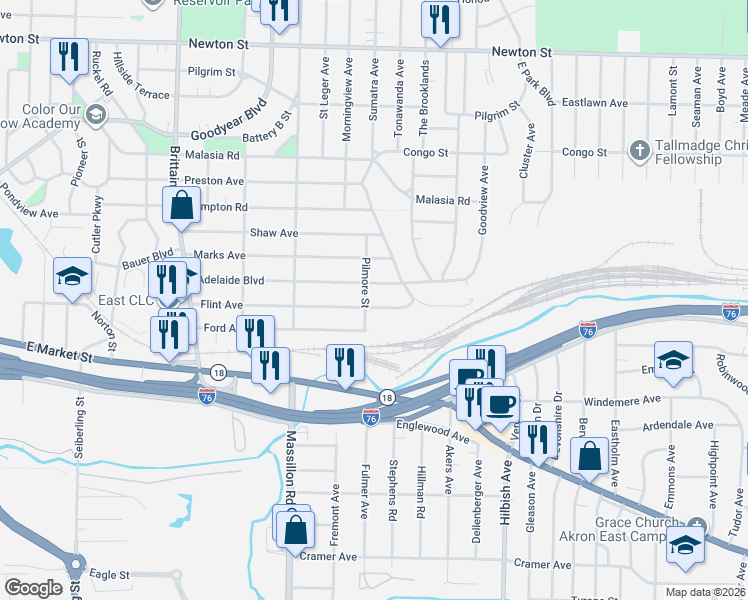 map of restaurants, bars, coffee shops, grocery stores, and more near 1928 Flint Avenue in Akron