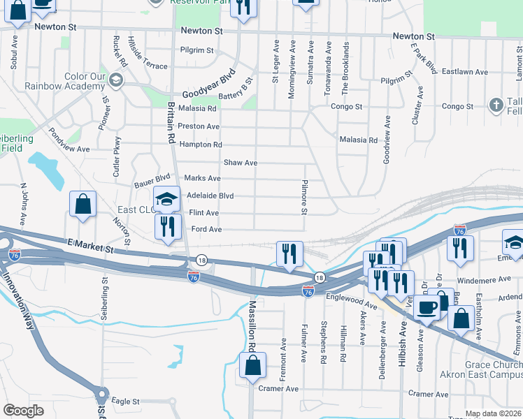 map of restaurants, bars, coffee shops, grocery stores, and more near 1845 Ford Avenue in Akron