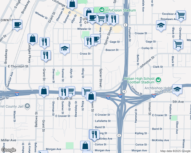 map of restaurants, bars, coffee shops, grocery stores, and more near 648 Brown Street in Akron