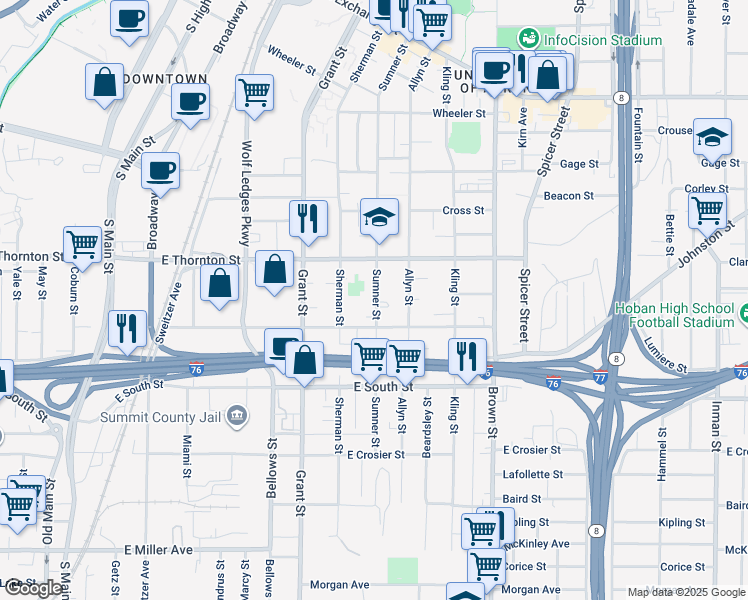 map of restaurants, bars, coffee shops, grocery stores, and more near 707 Sumner Street in Akron