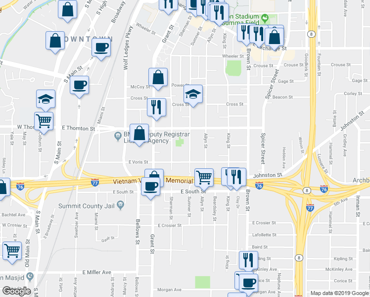 map of restaurants, bars, coffee shops, grocery stores, and more near 697 Sherman Street in Akron