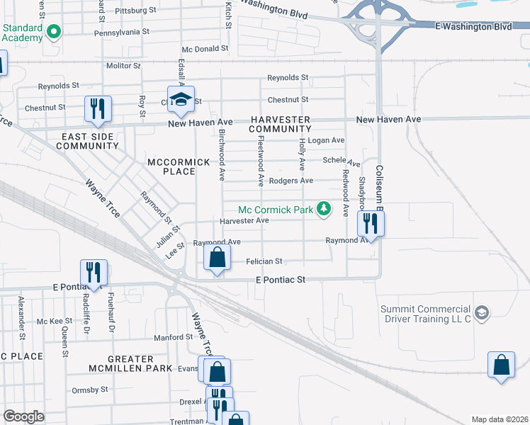 map of restaurants, bars, coffee shops, grocery stores, and more near 3314 Harvester Street in Fort Wayne