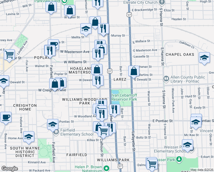 map of restaurants, bars, coffee shops, grocery stores, and more near 131 Creighton Avenue in Fort Wayne